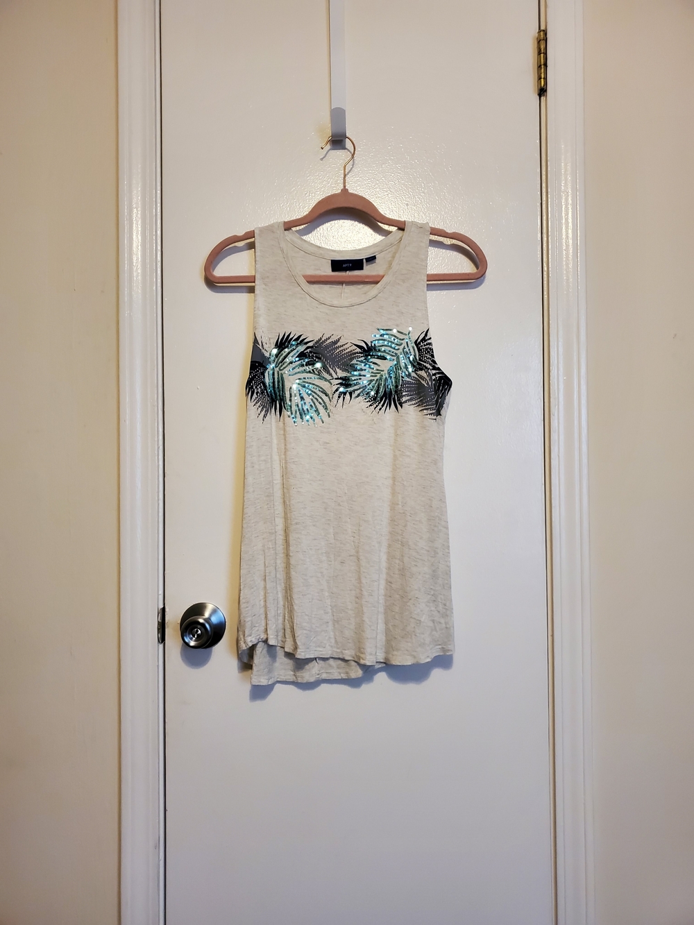 Apt. 9 Cream Tank with Teal & Black Palm Print With Sequins